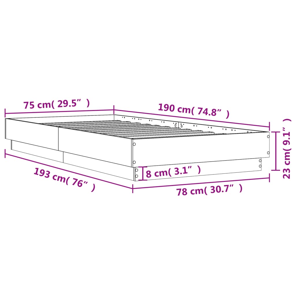 Bed Frame without Mattress Concrete Grey 75x190 cm Small Single